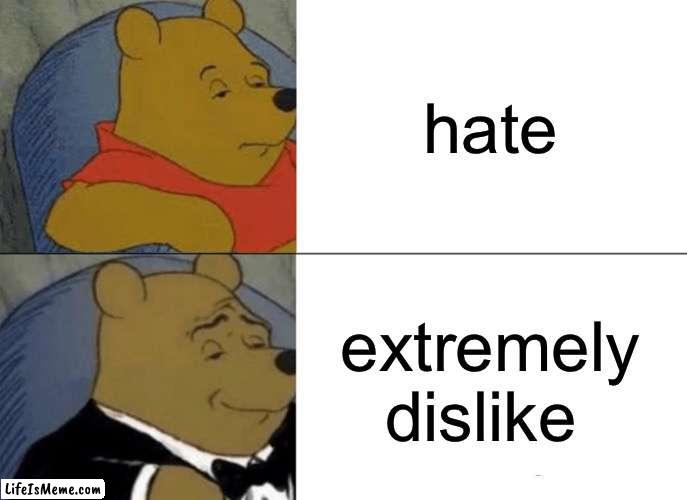 hate is a powerul word | hate; extremely dislike | image tagged in memes,tuxedo winnie the pooh | made w/ Lifeismeme meme maker