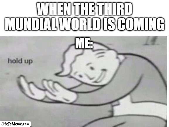 The Third Mundial World | WHEN THE THIRD MUNDIAL WORLD IS COMING; ME: | image tagged in fallout hold up | made w/ Lifeismeme meme maker