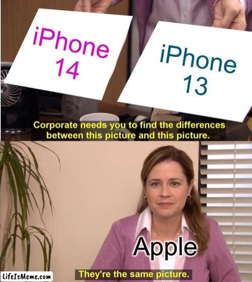 Apple fatcs | iPhone 14; iPhone 13; Apple | image tagged in memes,they're the same picture | made w/ Lifeismeme meme maker