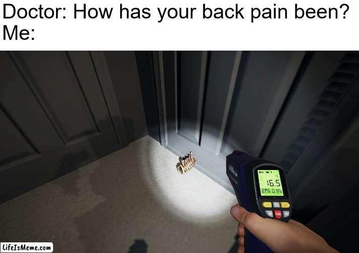 no, seriously. | Doctor: How has your back pain been?
Me: | image tagged in doctor,pain,bone | made w/ Lifeismeme meme maker