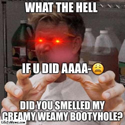 AYO Booty hole got smelled! | WHAT THE HELL; IF U DID AAAA-😩; DID YOU SMELLED MY CREAMY WEAMY BOOTYHOLE? | image tagged in sus | made w/ Lifeismeme meme maker