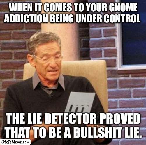 Gnome addiction SMDH | WHEN IT COMES TO YOUR GNOME ADDICTION BEING UNDER CONTROL; THE LIE DETECTOR PROVED THAT TO BE A BULLSHIT LIE. | image tagged in memes,maury lie detector | made w/ Lifeismeme meme maker