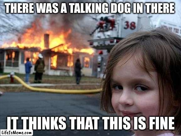 its fine origin | THERE WAS A TALKING DOG IN THERE; IT THINKS THAT THIS IS FINE | image tagged in memes,disaster girl,this is fine | made w/ Lifeismeme meme maker