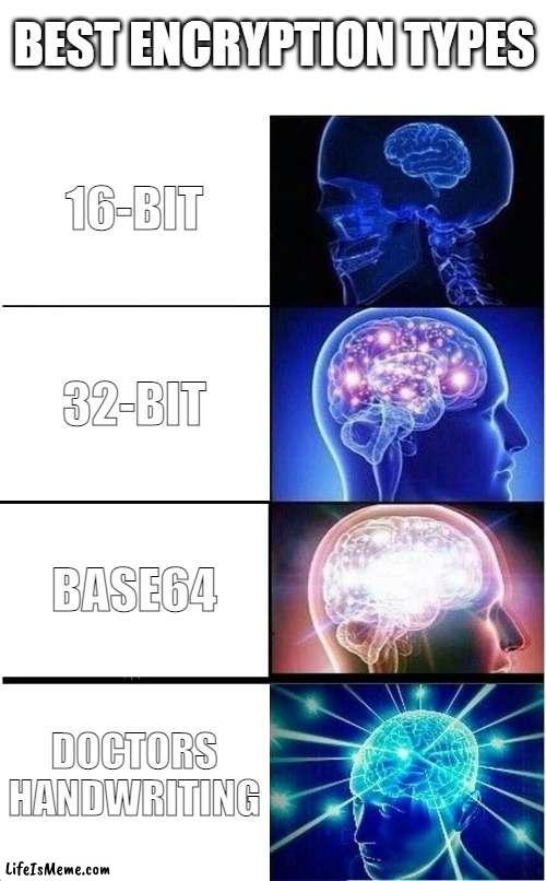 It took a supercomputer 90 years to decrypt | BEST ENCRYPTION TYPES; 16-BIT; 32-BIT; BASE64; DOCTORS HANDWRITING | image tagged in memes,expanding brain,doctors,handwriting,encryption,funny | made w/ Lifeismeme meme maker
