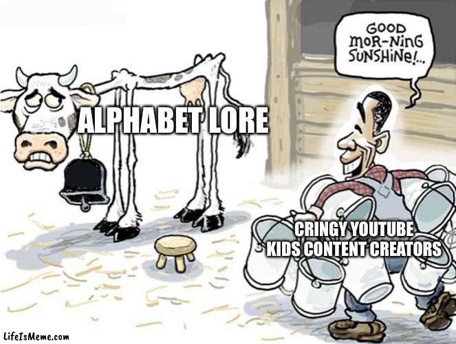 This gonna get worse and worse | ALPHABET LORE; CRINGY YOUTUBE KIDS CONTENT CREATORS | image tagged in milking the cow,memes,youtube,youtube kids,cringe,funny | made w/ Lifeismeme meme maker