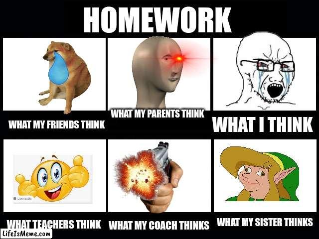 aw sh*t nahw | HOMEWORK; WHAT MY PARENTS THINK; WHAT MY FRIENDS THINK; WHAT I THINK; WHAT MY SISTER THINKS; WHAT TEACHERS THINK; WHAT MY COACH THINKS | image tagged in what my friends think i do,cheems,school | made w/ Lifeismeme meme maker