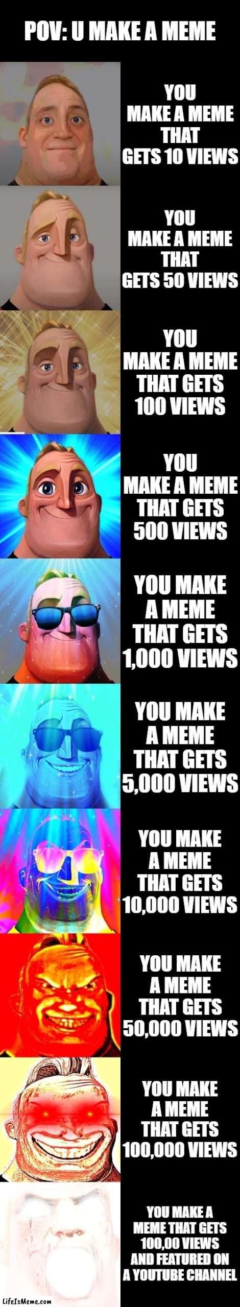 POV: Views | POV: U MAKE A MEME; YOU MAKE A MEME THAT GETS 10 VIEWS; YOU MAKE A MEME THAT GETS 50 VIEWS; YOU MAKE A MEME THAT GETS 100 VIEWS; YOU MAKE A MEME THAT GETS 500 VIEWS; YOU MAKE A MEME THAT GETS 1,000 VIEWS; YOU MAKE A MEME THAT GETS 5,000 VIEWS; YOU MAKE A MEME THAT GETS 10,000 VIEWS; YOU MAKE A MEME THAT GETS 50,000 VIEWS; YOU MAKE A MEME THAT GETS 100,000 VIEWS; YOU MAKE A MEME THAT GETS 100,00 VIEWS AND FEATURED ON A YOUTUBE CHANNEL | image tagged in mr incredible becoming canny,imgflip,funny,memes,views,laugh | made w/ Lifeismeme meme maker