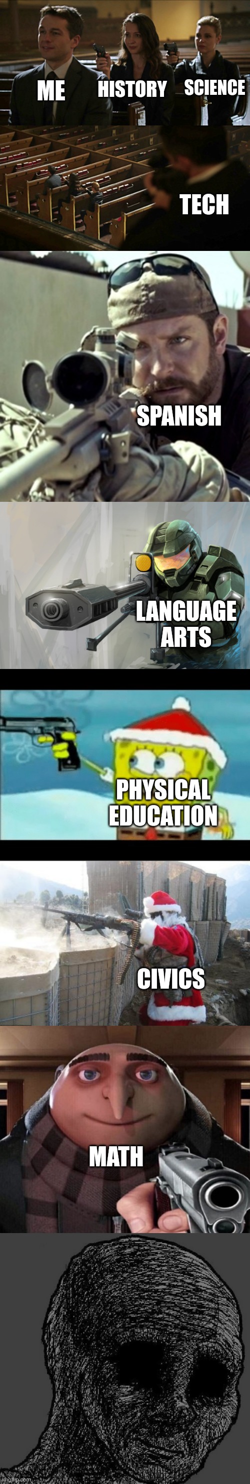 Which do you think is the worst | ME; HISTORY; SCIENCE; TECH; SPANISH; LANGUAGE ARTS; PHYSICAL EDUCATION; CIVICS; MATH | image tagged in assassination chain,american sniper,halo sniper,spongebob with a pistol,memes,hohoho | made w/ Lifeismeme meme maker