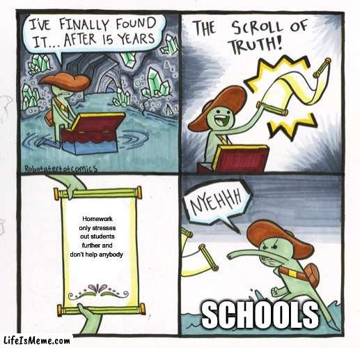 I’m drowning in late work help | Homework only stresses out students further and don’t help anybody; SCHOOLS | image tagged in memes,the scroll of truth | made w/ Lifeismeme meme maker