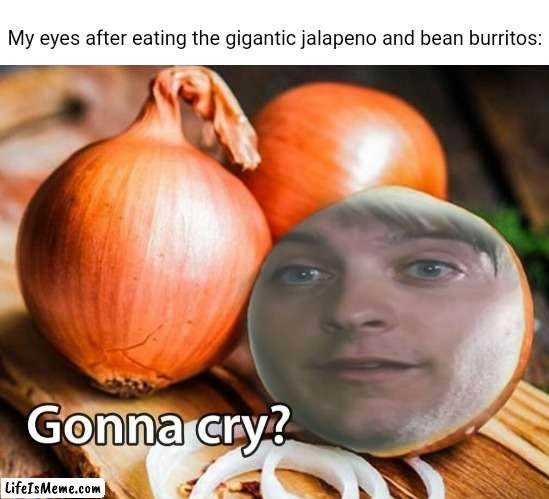 Spicy: Jalapeno and bean burritos | My eyes after eating the gigantic jalapeno and bean burritos: | image tagged in gonna cry onion,gonna cry,funny,memes,burritos,burrito | made w/ Lifeismeme meme maker