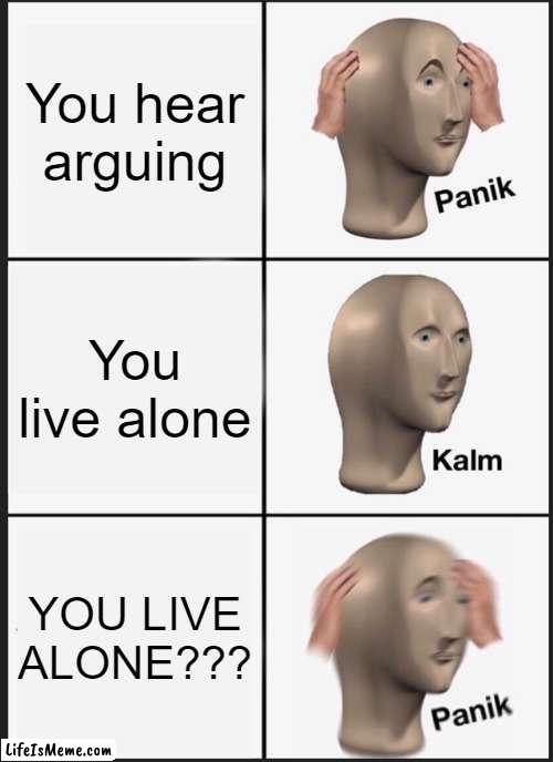 Looks like the ghosts are fighting again | You hear arguing; You live alone; YOU LIVE ALONE??? | image tagged in memes,panik kalm panik | made w/ Lifeismeme meme maker