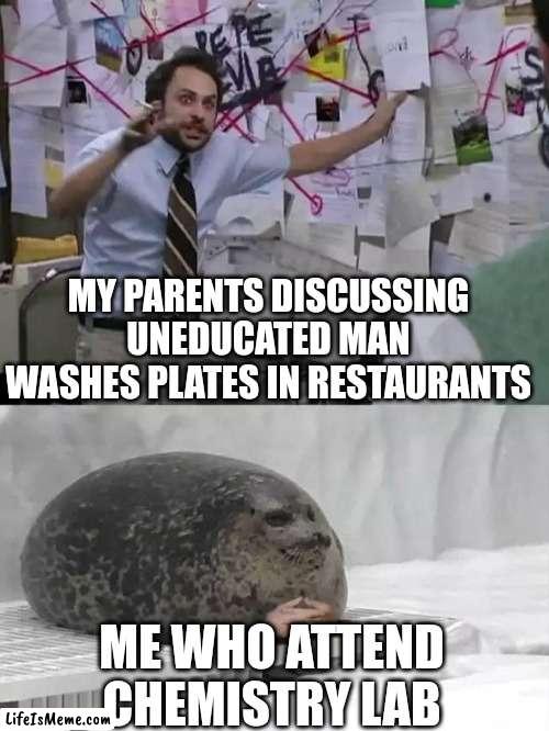 Washing crockery in Chemistry lab | MY PARENTS DISCUSSING UNEDUCATED MAN WASHES PLATES IN RESTAURANTS; ME WHO ATTEND CHEMISTRY LAB | image tagged in man explaining to seal | made w/ Lifeismeme meme maker