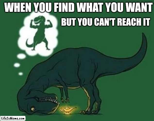 When You Find What You Want | BUT YOU CAN'T REACH IT; WHEN YOU FIND WHAT YOU WANT | image tagged in dinosaur,short people,genie,lamp,tyrannosaurus rekt | made w/ Lifeismeme meme maker