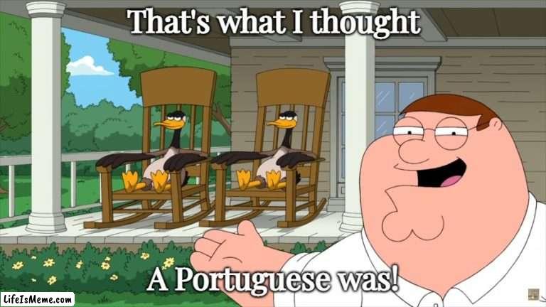 A porch o' geese? | That's what I thought; A Portuguese was! | image tagged in family guy | made w/ Lifeismeme meme maker