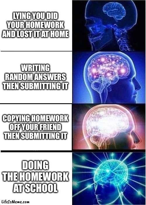 How to do homework | LYING YOU DID YOUR HOMEWORK AND LOST IT AT HOME; WRITING RANDOM ANSWERS THEN SUBMITTING IT; COPYING HOMEWORK OFF YOUR FRIEND THEN SUBMITTING IT; DOING THE HOMEWORK AT SCHOOL | image tagged in memes,expanding brain,smart,stupid,not scary | made w/ Lifeismeme meme maker