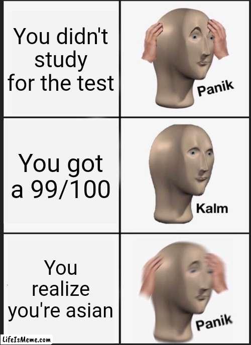 ☠️ | You didn't study for the test; You got a 99/100; You realize you're asian | image tagged in memes,panik kalm panik | made w/ Lifeismeme meme maker