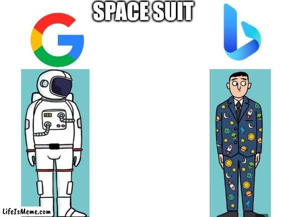 Space suit | SPACE SUIT | image tagged in blank white template,google,bing | made w/ Lifeismeme meme maker
