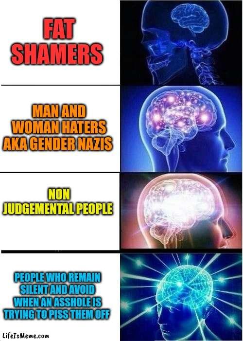 PEOPLE:  | FAT SHAMERS; MAN AND WOMAN HATERS AKA GENDER NAZIS; NON JUDGEMENTAL PEOPLE; PEOPLE WHO REMAIN SILENT AND AVOID WHEN AN ASSHOLE IS TRYING TO PISS THEM OFF | image tagged in memes,expanding brain | made w/ Lifeismeme meme maker