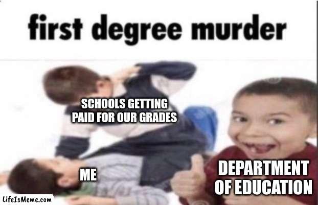 this is brutal | SCHOOLS GETTING PAID FOR OUR GRADES; DEPARTMENT OF EDUCATION; ME | image tagged in first degree murder,memes,funny,school | made w/ Lifeismeme meme maker