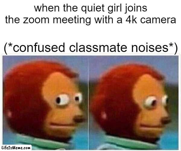 i want everyone to see this | when the quiet girl joins the zoom meeting with a 4k camera; (*confused classmate noises*) | image tagged in memes,monkey puppet,sus | made w/ Lifeismeme meme maker