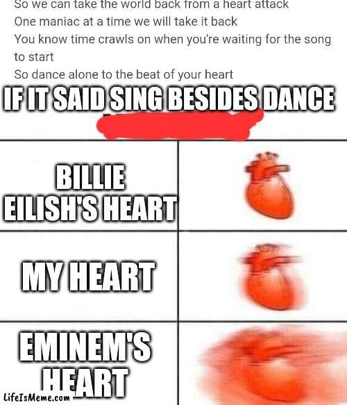 It would be true if it happened | IF IT SAID SING BESIDES DANCE; BILLIE EILISH'S HEART; MY HEART; EMINEM'S HEART | image tagged in my heart blank,eminem,billie eilish,true story,tag,not a true story | made w/ Lifeismeme meme maker