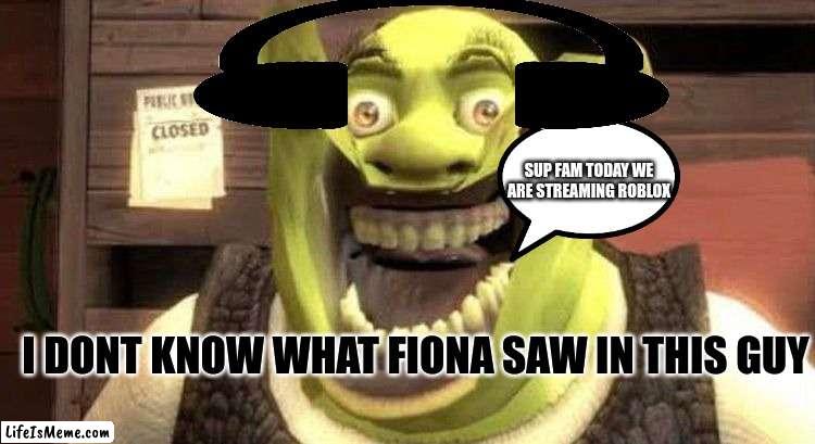 what did Fiona see in this game | SUP FAM TODAY WE ARE STREAMING ROBLOX; I DONT KNOW WHAT FIONA SAW IN THIS GUY | image tagged in shrek,gaming,roblox | made w/ Lifeismeme meme maker