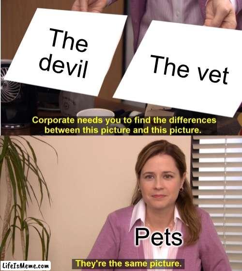 huh no wonder pets don’t like the vet | The devil; The vet; Pets | image tagged in memes,they're the same picture,pets | made w/ Lifeismeme meme maker