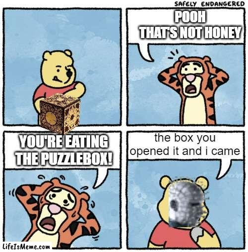 pooh your eating the puzzlebox | POOH
THAT'S NOT HONEY; the box you opened it and i came; YOU'RE EATING
THE PUZZLEBOX! | image tagged in that's not honey,hellraiser,horror,upvotes,comedy | made w/ Lifeismeme meme maker