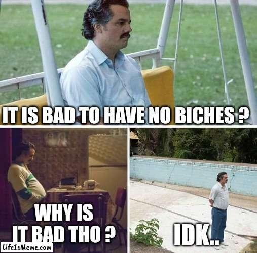 No biches...? | IT IS BAD TO HAVE NO BICHES ? WHY IS IT BAD THO ? IDK.. | image tagged in memes,sad pablo escobar,no bitches,funny,thinking,so true memes | made w/ Lifeismeme meme maker
