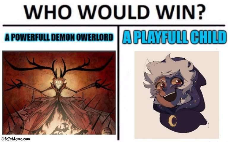Alastor Vs The Collector / Hazbin Hotel Vs Owl House / | A POWERFULL DEMON OWERLORD; A PLAYFULL CHILD | image tagged in memes,who would win | made w/ Lifeismeme meme maker
