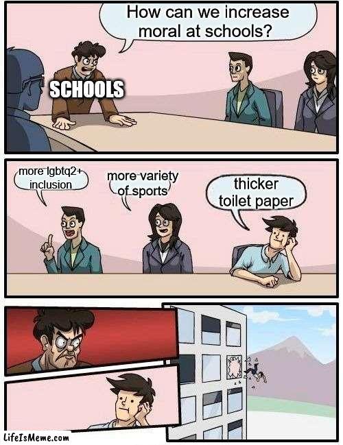 Where does their budget go? | How can we increase moral at schools? SCHOOLS; more lgbtq2+ inclusion; more variety of sports; thicker toilet paper | image tagged in memes,boardroom meeting suggestion,school,toilet paper,schools,the truth | made w/ Lifeismeme meme maker