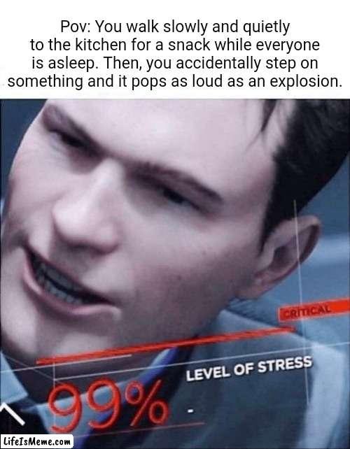 Pop | Pov: You walk slowly and quietly to the kitchen for a snack while everyone is asleep. Then, you accidentally step on something and it pops as loud as an explosion. | image tagged in 99 level of stress,funny,memes,blank white template,pop,pov | made w/ Lifeismeme meme maker