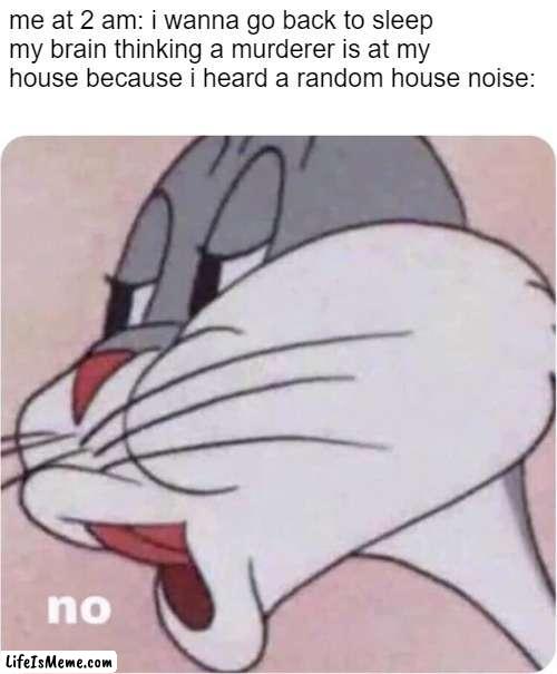 it. was. not. a. fricking. murderer. | me at 2 am: i wanna go back to sleep
my brain thinking a murderer is at my house because i heard a random house noise: | image tagged in bugs bunny no,sleep,idk | made w/ Lifeismeme meme maker