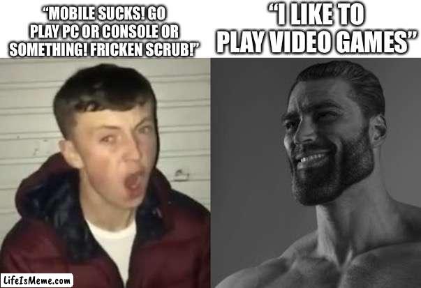 something something title | “MOBILE SUCKS! GO PLAY PC OR CONSOLE OR SOMETHING! FRICKEN SCRUB!”; “I LIKE TO PLAY VIDEO GAMES” | image tagged in average enjoyer meme | made w/ Lifeismeme meme maker