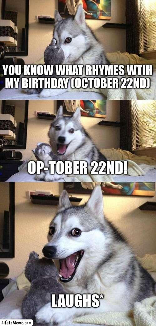 bro todays my birthday | YOU KNOW WHAT RHYMES WTIH MY BIRTHDAY (OCTOBER 22ND); OP-TOBER 22ND! LAUGHS* | image tagged in memes,bad pun dog | made w/ Lifeismeme meme maker