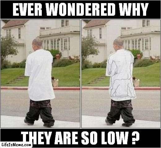Stupid Fashion Statement ! | EVER WONDERED WHY; THEY ARE SO LOW ? | image tagged in fun,trousers,pants,fashion | made w/ Lifeismeme meme maker