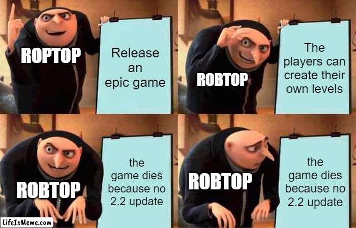 geometry dash be like | Release an epic game; The players can create their own levels; ROPTOP; ROBTOP; the game dies because no 2.2 update; the game dies because no 2.2 update; ROBTOP; ROBTOP | image tagged in memes,gru's plan | made w/ Lifeismeme meme maker