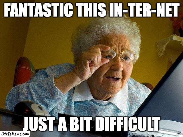 grandma and internet | FANTASTIC THIS IN-TER-NET; JUST A BIT DIFFICULT | image tagged in memes,grandma finds the internet | made w/ Lifeismeme meme maker