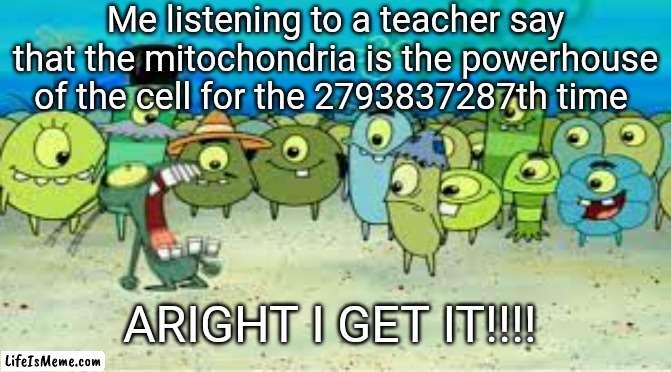 Don't get me wrong, I love science, but it's just annoying and exhausting | Me listening to a teacher say that the mitochondria is the powerhouse of the cell for the 2793837287th time; ARIGHT I GET IT!!!! | image tagged in memes,alright i get it,teachers,science | made w/ Lifeismeme meme maker