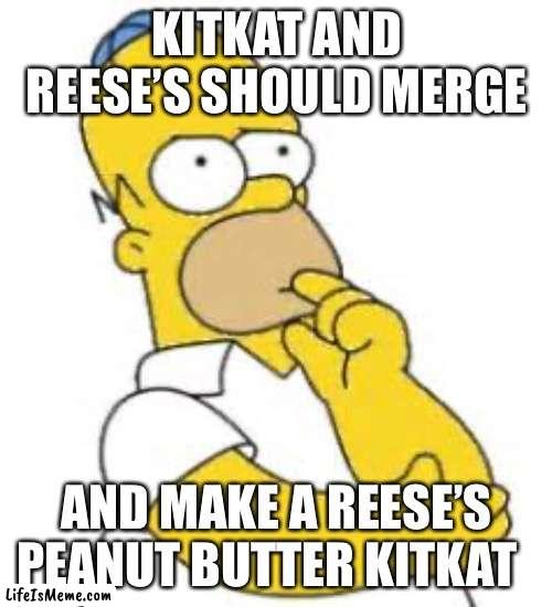 Reese’s | KITKAT AND REESE’S SHOULD MERGE; AND MAKE A REESE’S PEANUT BUTTER KITKAT | image tagged in homer simpson hmmmm,reese's,peanut butter,chocolate | made w/ Lifeismeme meme maker