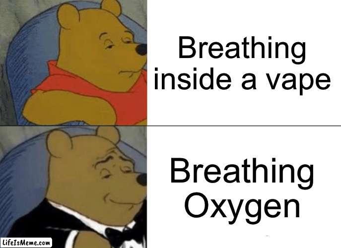 Oxygen: The best flavor ? | Breathing inside a vape; Breathing Oxygen | image tagged in memes,tuxedo winnie the pooh | made w/ Lifeismeme meme maker