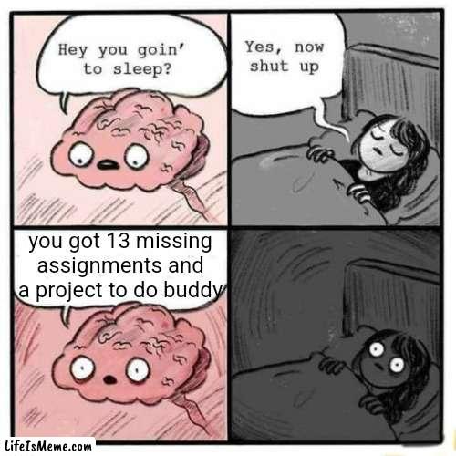better do your assignments before you sleep | you got 13 missing assignments and a project to do buddy | image tagged in hey you going to sleep,school | made w/ Lifeismeme meme maker