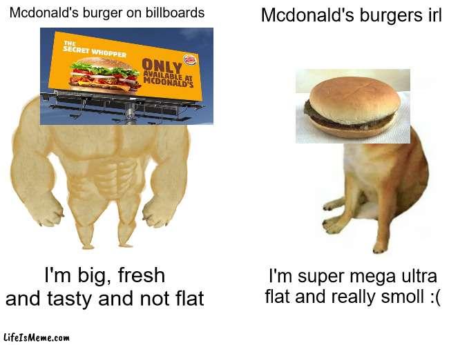 they're not even 5 centimeters tall | Mcdonald's burger on billboards; Mcdonald's burgers irl; I'm big, fresh and tasty and not flat; I'm super mega ultra flat and really smoll :( | image tagged in memes,buff doge vs cheems | made w/ Lifeismeme meme maker