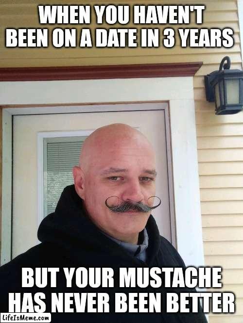 Mustache | WHEN YOU HAVEN'T BEEN ON A DATE IN 3 YEARS; BUT YOUR MUSTACHE HAS NEVER BEEN BETTER | image tagged in mustache,cool,funny memes | made w/ Lifeismeme meme maker