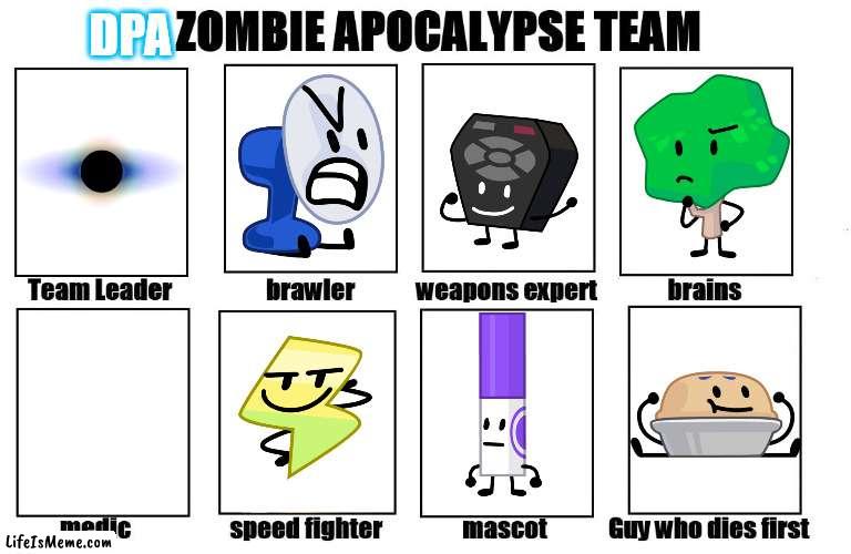 TPOT Zombie Apocalypse Team: Death P.A.C.T. Again | DPA | image tagged in my zombie apocalypse team,bfb | made w/ Lifeismeme meme maker