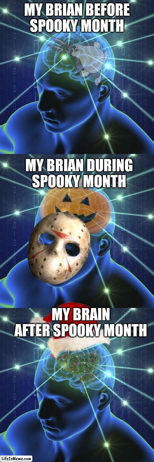 I tis the spooky month | MY BRIAN BEFORE SPOOKY MONTH; MY BRIAN DURING SPOOKY MONTH; MY BRAIN AFTER SPOOKY MONTH | image tagged in big brain | made w/ Lifeismeme meme maker