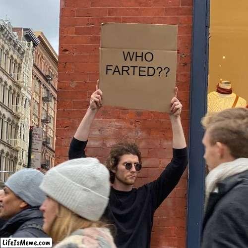 *bruh moment*8 | WHO FARTED?? | image tagged in memes,guy holding cardboard sign | made w/ Lifeismeme meme maker