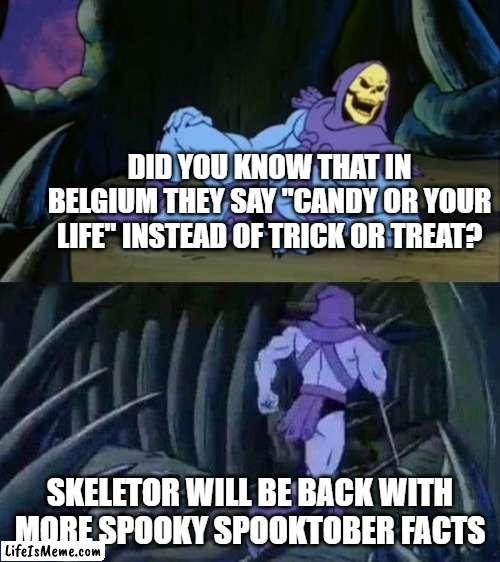 Geez Belgium, that's a little edgy! | DID YOU KNOW THAT IN BELGIUM THEY SAY "CANDY OR YOUR LIFE" INSTEAD OF TRICK OR TREAT? SKELETOR WILL BE BACK WITH MORE SPOOKY SPOOKTOBER FACTS | image tagged in skeletor disturbing facts | made w/ Lifeismeme meme maker