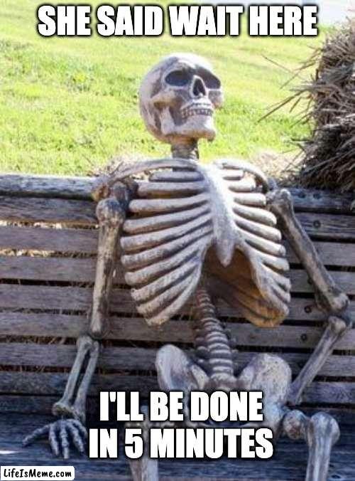 she said 5 minutes | SHE SAID WAIT HERE; I'LL BE DONE IN 5 MINUTES | image tagged in memes,waiting skeleton | made w/ Lifeismeme meme maker
