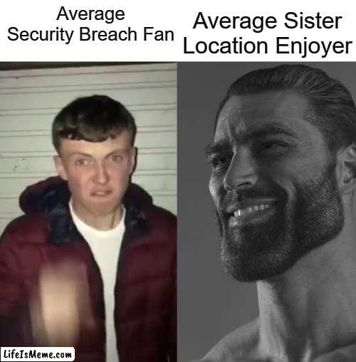 i dont make the rules stay mad | Average Sister Location Enjoyer; Average Security Breach Fan | image tagged in average fan vs average enjoyer,fnaf security breach,fnaf sister location | made w/ Lifeismeme meme maker